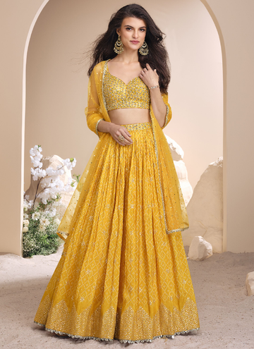 Haldi Special Jacquard Silk Bandhani Printed Yellow Lehenga Choli